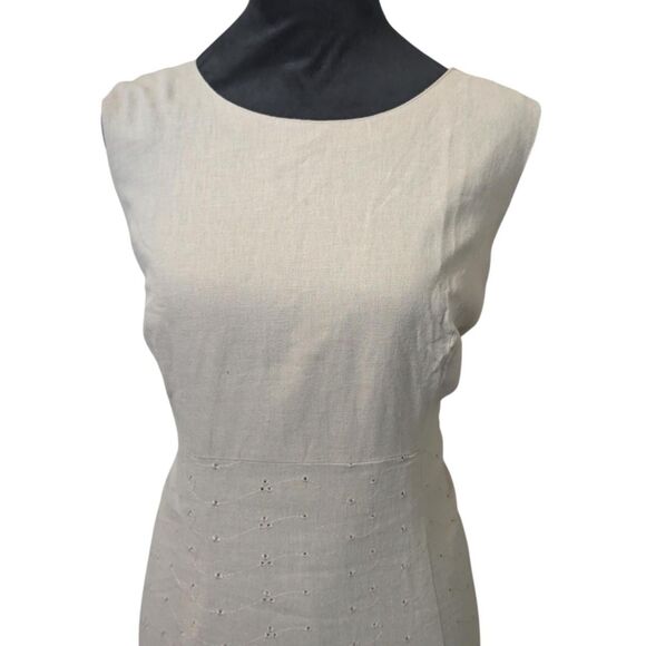 Sag Harbor Petite 14P Linen Sheath Dress Embroidered Eyelet Beige Tan Minimalist - Picture 2 of 8